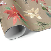 Papier Cadeau Rustique Kraft Tout Poinsettias Holly & Pine (Coin rond)