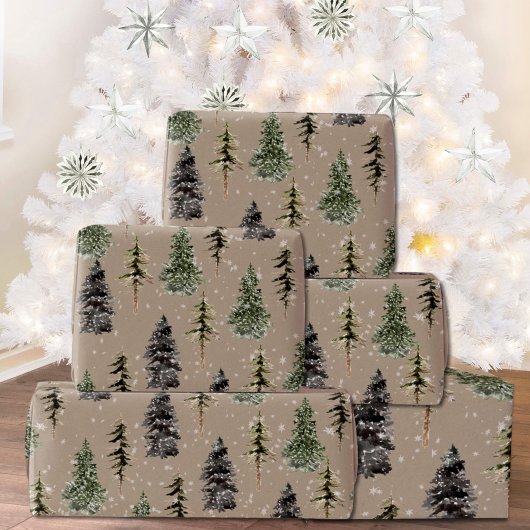Papier Cadeau Rustique Kraft Winter Woodland Snowy Spruce Trees