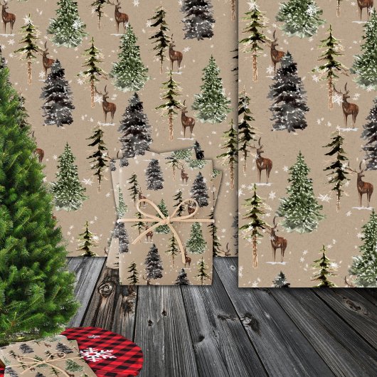 Papier Cadeau Rustique Kraft Winter Woodland Spruce Trees & Deer