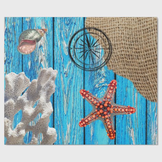 Papier Cadeau Rustique Nautique Bleu Burlap Starfish (Plat)