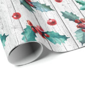 Papier Cadeau Rustique Noël Holly sur la grange blanche Motif en (Coin rond)