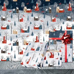Papier Cadeau Rustique Nordic Winter Mountain Village Red Fox
