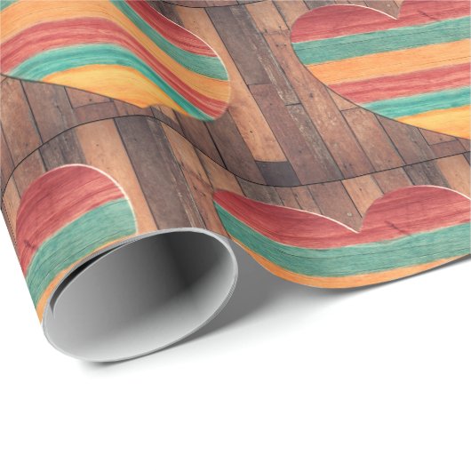 Papier Cadeau Rustique Pays Arc-en-ciel Coeur en bois (Coin rond)