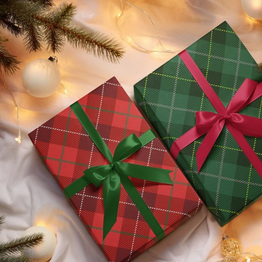 Papier Cadeau Rustique Pays Rouge Blanc et Vert Plaid Noël