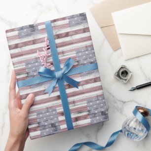 Papier Cadeau Rustique Rouge Blanc Bleu Bois motif américain