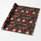 Papier Cadeau Rustique Rouge Vert Plaid Coeurs Noël (Déroulé)