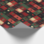 Papier Cadeau Rustique Rouge Vert Plaid Coeurs Noël (Coin)