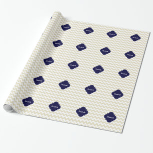 Papier Cadeau Sable Beige Blanc Chevron Marine Quatrefoil Monogr
