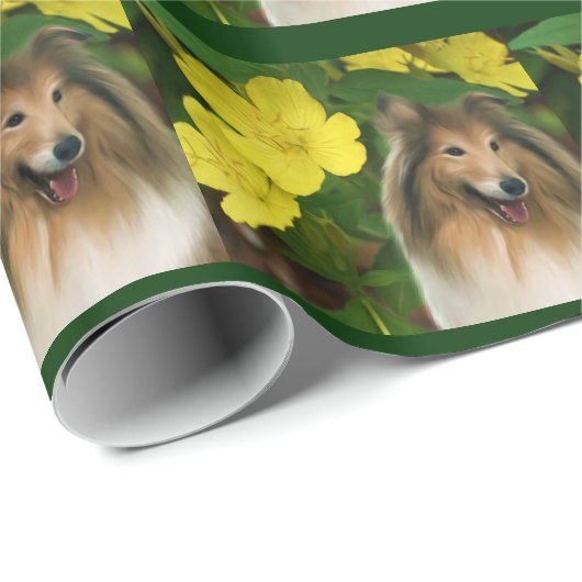 Papier Cadeau Sable Collie Et Fleurs Jaunes Chien (Coin rond)