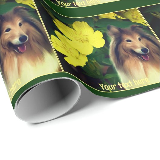 Papier Cadeau Sable Collie Et Fleurs Jaunes Personnalisé (Coin rond)