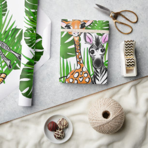Papier Cadeau Safari amis, girafe, zèbre, tigre, palme feuilles