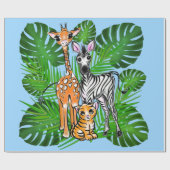 Papier Cadeau Safari amis, girafe, zèbre, tigre, palme feuilles (Plat)