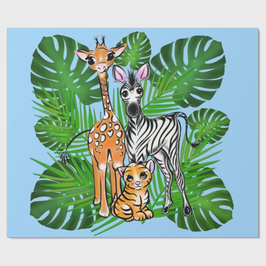 Papier Cadeau Safari amis, girafe, zèbre, tigre, palme feuilles (Plat)