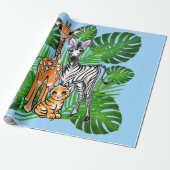 Papier Cadeau Safari amis, girafe, zèbre, tigre, palme feuilles (Déroulé)