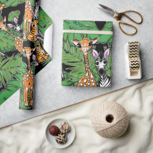 Papier Cadeau Safari amis, girafe, zèbre, tigre, palme feuilles