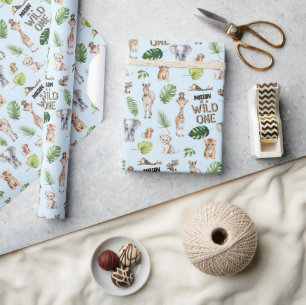 Papier Cadeau Safari Animaux à thème WIld un 1er anniversaire bl