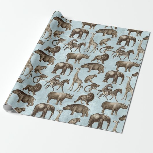 Papier Cadeau Safari Animaux en bleu clair (Déroulé)