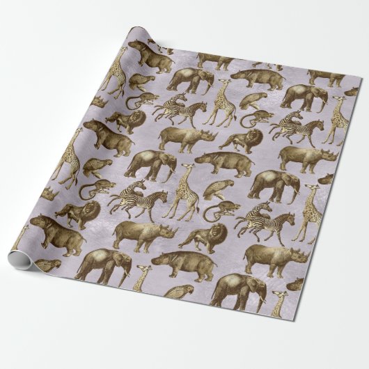 Papier Cadeau Safari Animaux sur violet clair (Déroulé)