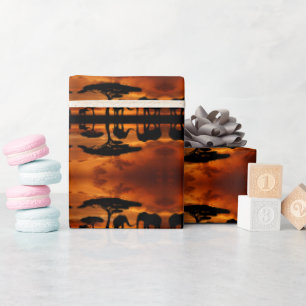 Papier Cadeau Safari Baobab africain silhouette d'éléphant