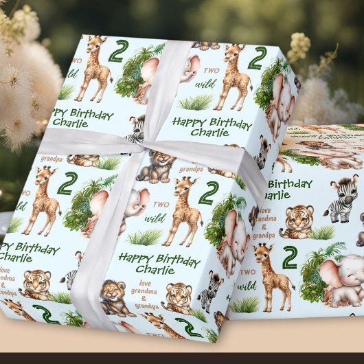 Papier Cadeau Safari Jungle Animaux Blue Green 2e Anniversaire N
