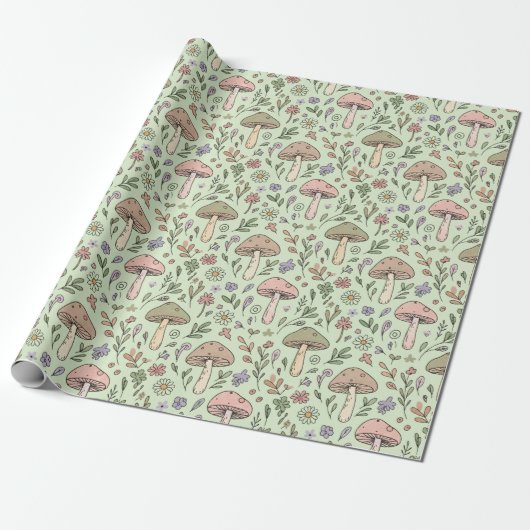 Papier Cadeau Sage Green Earthy Mushroom Seamless Pattern (Déroulé)