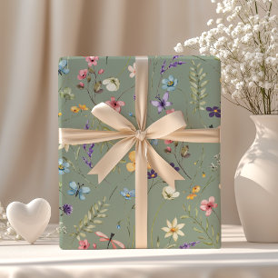 Papier Cadeau Sage Green Fleur sauvage & Butterfly Boho été