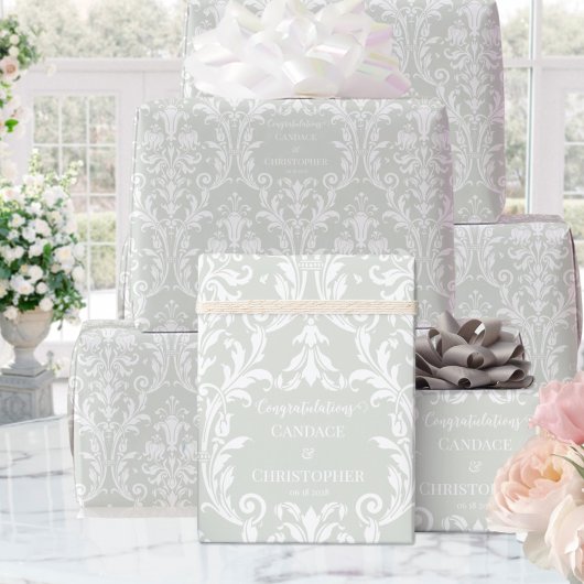 Papier Cadeau Sage Green White Damask Ajouter Nom & Félicitation