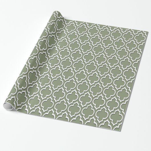 Papier Cadeau Sage Vert Blanc XL Quatrefoil Marocain #7DS (Déroulé)