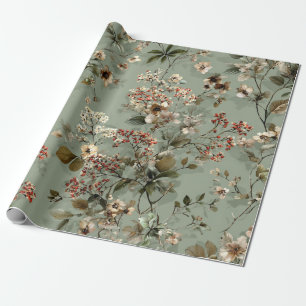 Papier Cadeau Sage Vert Botanique Floral Vintage Gras Rustique