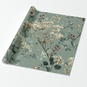Papier Cadeau Sage Vert Botanique Rustique Floral Vintage Gras