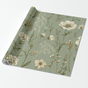 Papier Cadeau Sage Vert Botanique Rustique Floral Vintage Gras