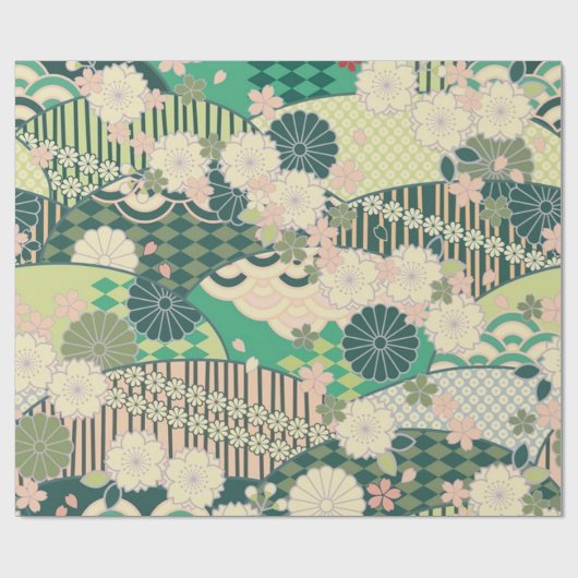 Papier Cadeau Sage Vert rose Japonais Kimono Floral Découpage (Plat)