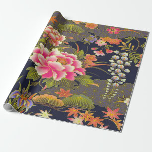 Papier Cadeau Sage Vert rose Japonais Kimono Floral Découpage