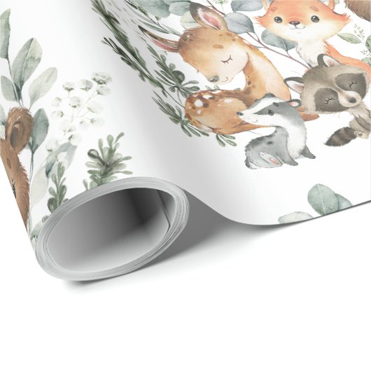 Papier Cadeau Sage Whimsical Green Forêt Animaux (Coin rond)