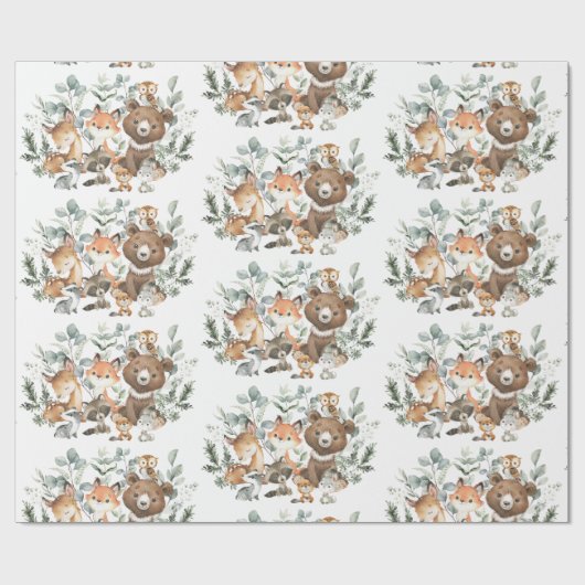Papier Cadeau Sage Whimsical Green Forêt Animaux (Plat)