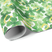 Papier Cadeau Saint-Patrick Vert Fleur à quatre feuilles Or (Coin rond)