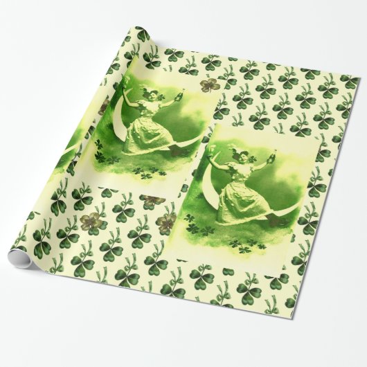 PAPIER CADEAU SAINT PATRICK'S DAY LUNE LADY AVEC SHAMROCK (Déroulé)