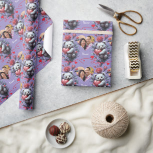 Papier Cadeau Saint-Valentin avec ours en peluche riche
