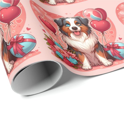 Papier Cadeau Saint-Valentin - Berger australien 2 - (Coin rond)