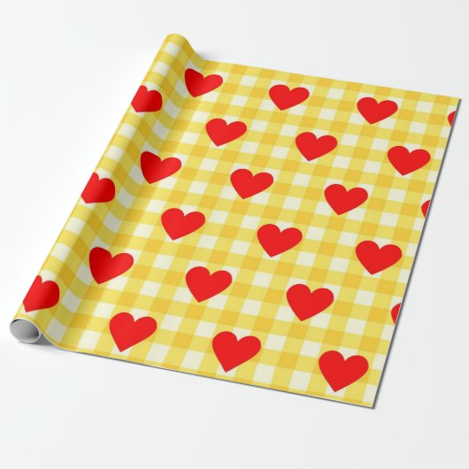 Papier Cadeau Saint Valentin Coeur rouge Jaune En vichy Motif (Déroulé)