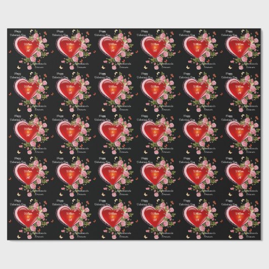Papier Cadeau Saint Valentin Coeurs Roses Ajouter des noms (Plat)