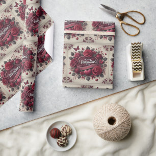 Papier Cadeau Saint Valentin Design avec Roses et coeur