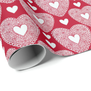 Papier Cadeau Saint-Valentin Rouge Motif de coeur de dentelle