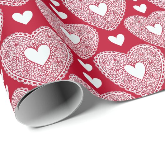 Papier Cadeau Saint-Valentin Rouge Motif de coeur de dentelle (Coin rond)