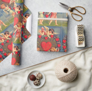 Papier Cadeau Saint-Valentin Vintage coeurs et Cupidon de vacanc