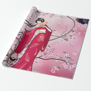 Papier Cadeau Saison Automne Dame Japonaise À Kimono