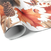 Papier Cadeau Saison d'automne Orange Feuilles et cerfs (Coin rond)