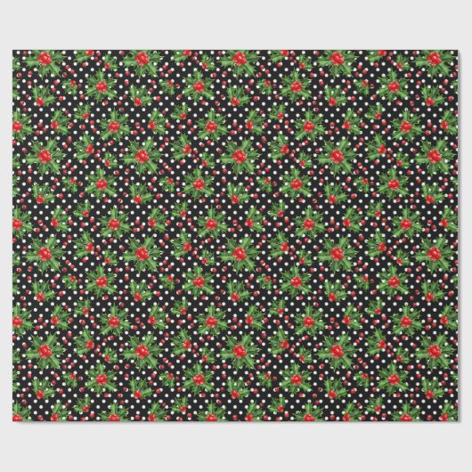 Papier Cadeau Saison de vacances Green Holly Feuilles et Red Ber (Plat)