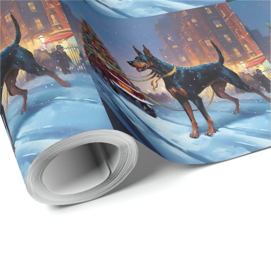 Papier Cadeau Saison Festive de Noël Doberman (Coin rond)