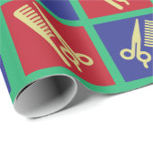 Papier Cadeau Salon de coiffure avec peigne et ciseaux (Coin rond)